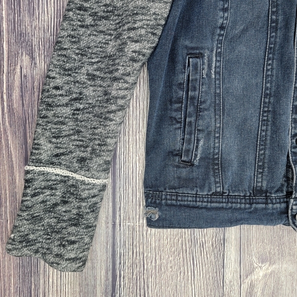Free People Distressed Denim Jacket With Knit Sleeves and Hood - Picture 5 of 11